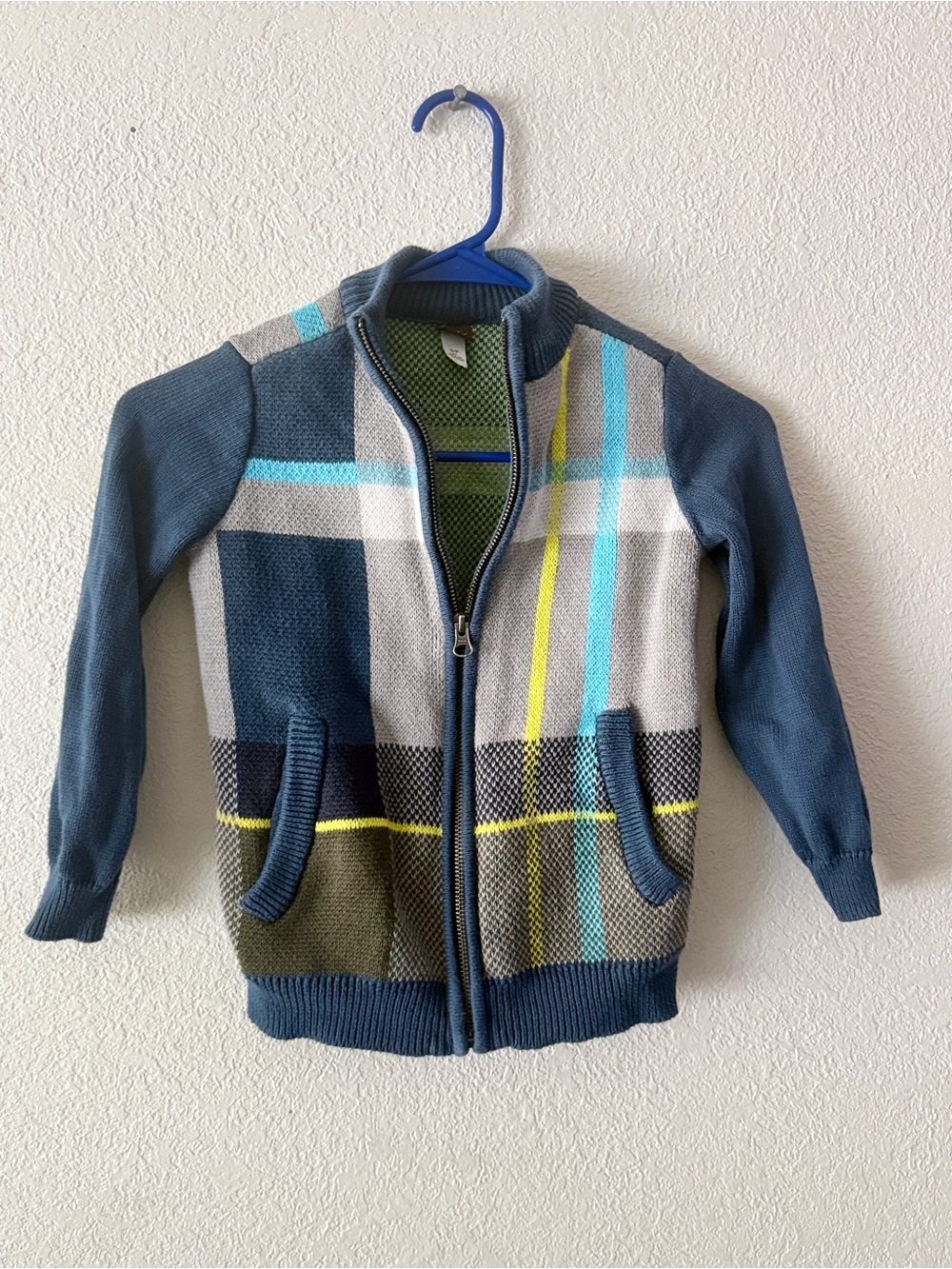 Tea Collection Blue Plaid Zip Knit Jacket with Green & Yellow Accents size S 4/5